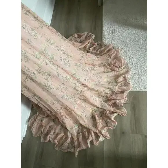 Mac Duggal - Women’s Tiered Pink Floral Chiffon Gown, cutout back, size 10 - Picture 9 of 13